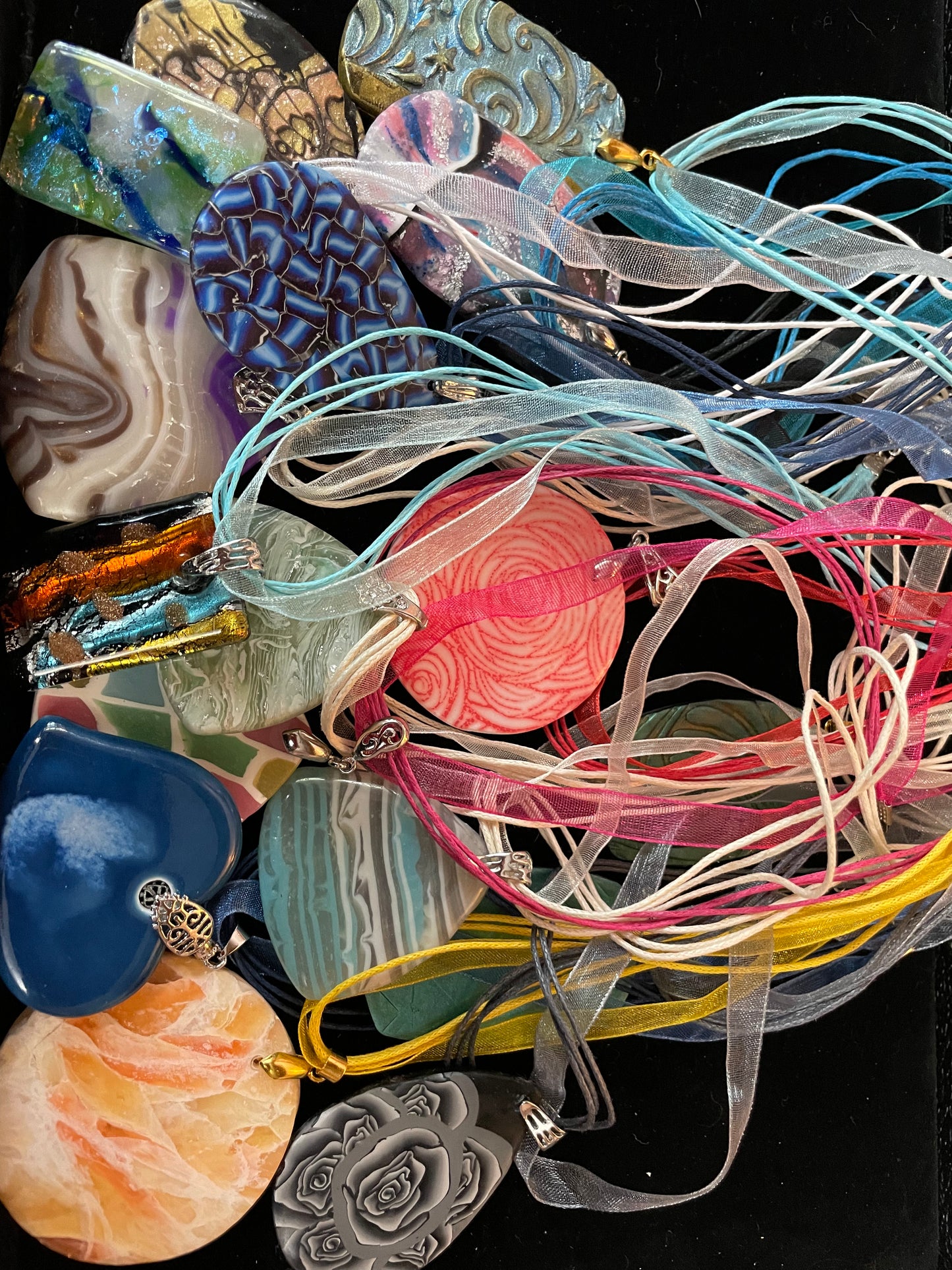 Organza and cord necklaces with silver tone lobster claw clasps