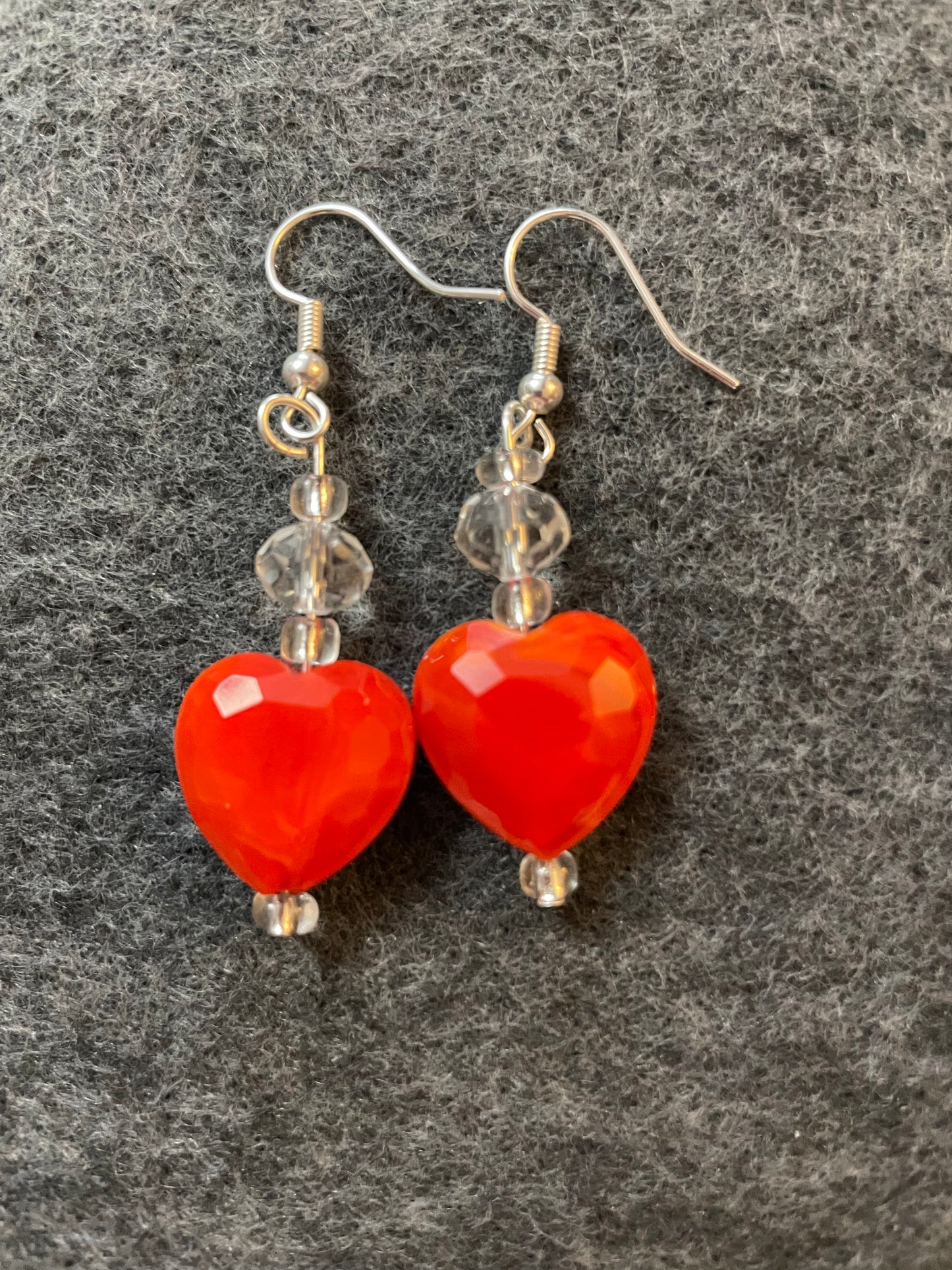 Small red glass heart earrings