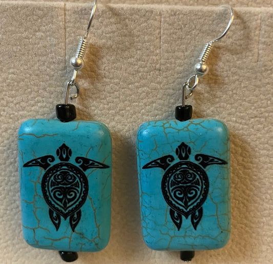 Sea turtle rectangular stone bead earrings