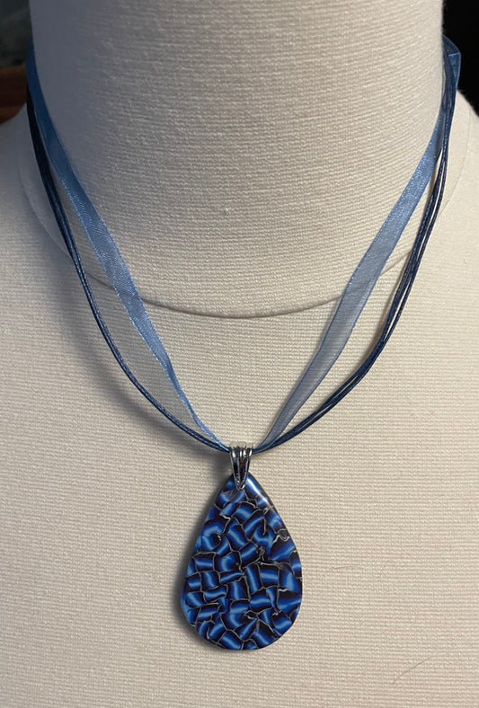 Blue and Black Cross Hatch Organza Necklace
