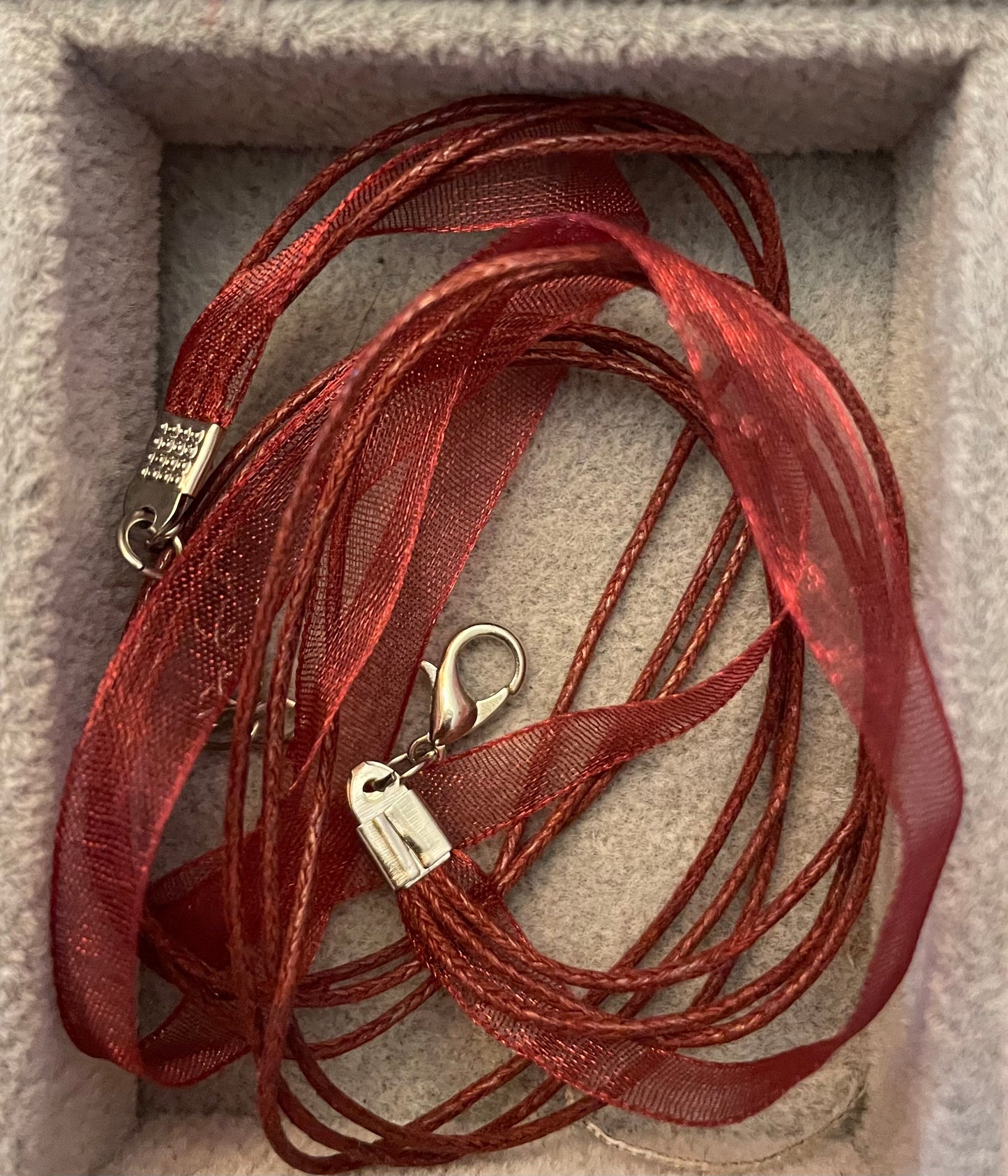 Organza and cord necklaces with silver tone lobster claw clasps