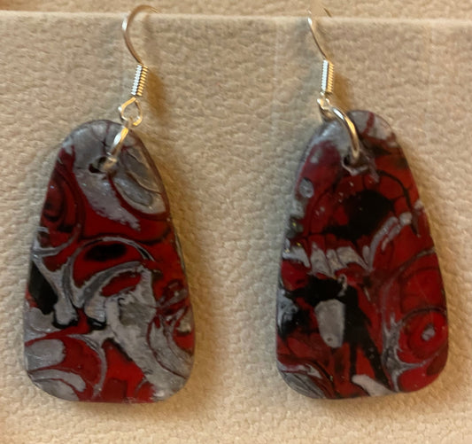 Red and silver triangular earrings