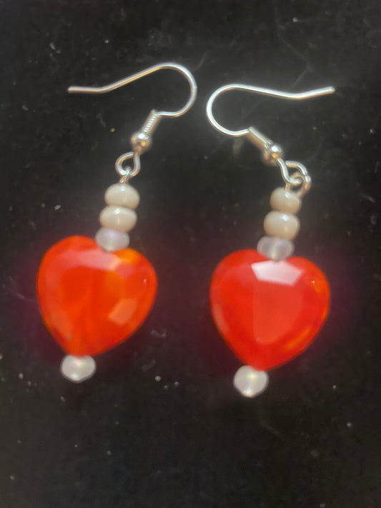 Small red glass heart earrings