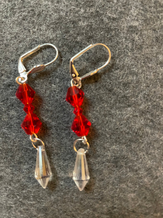 Red bicone and dangling clear crystal earrings