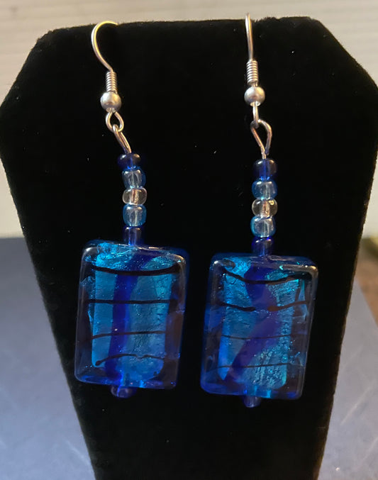 Iridescent blue rectangular glass earrings