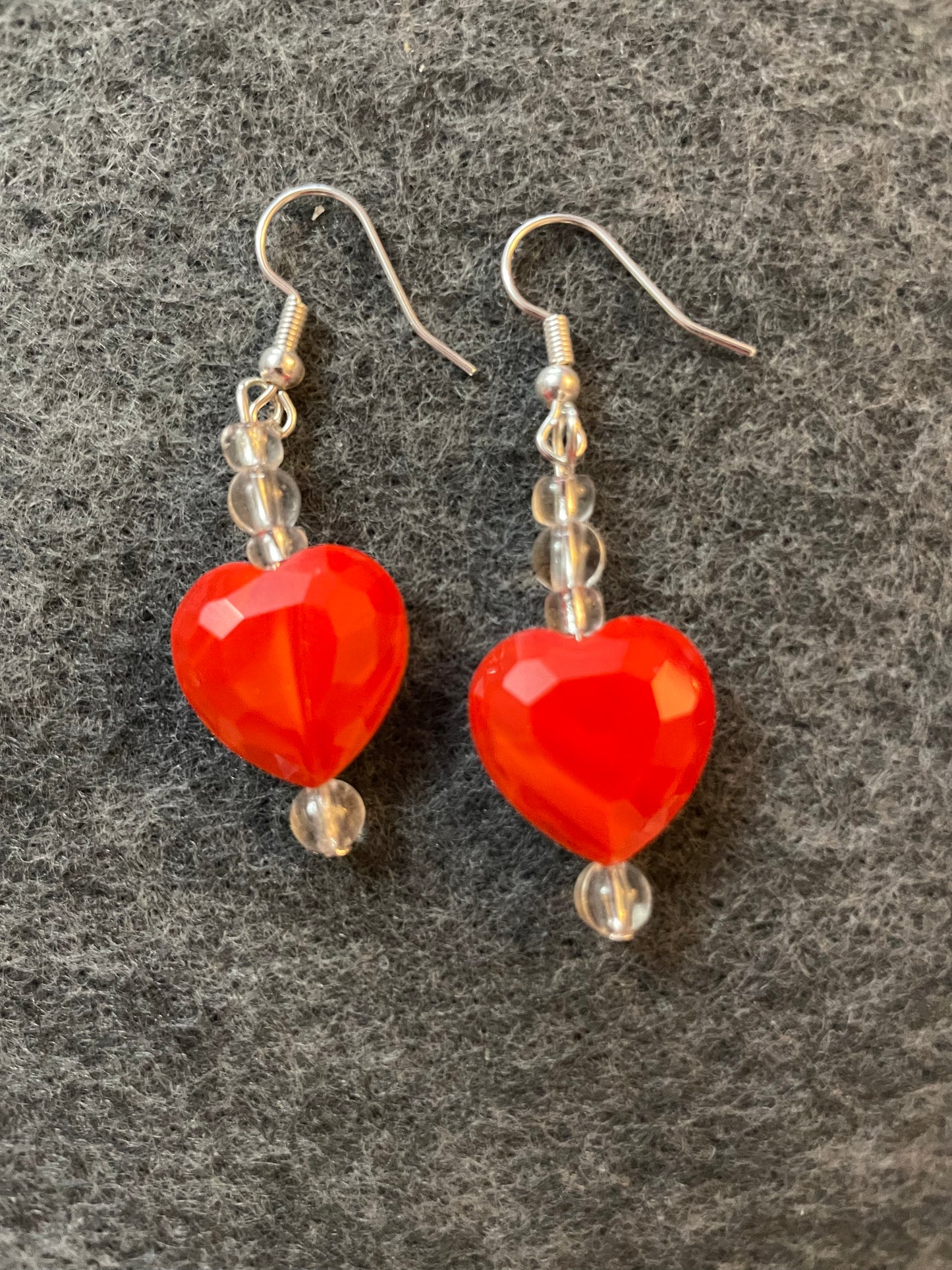 Small red glass heart earrings
