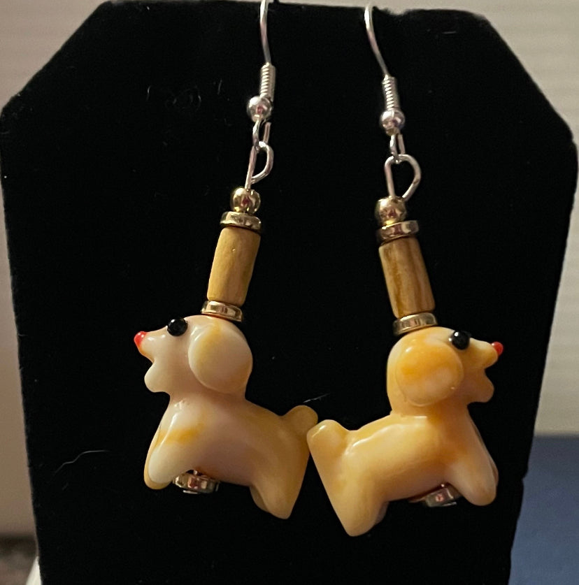 Beige Glass Dog Earrings