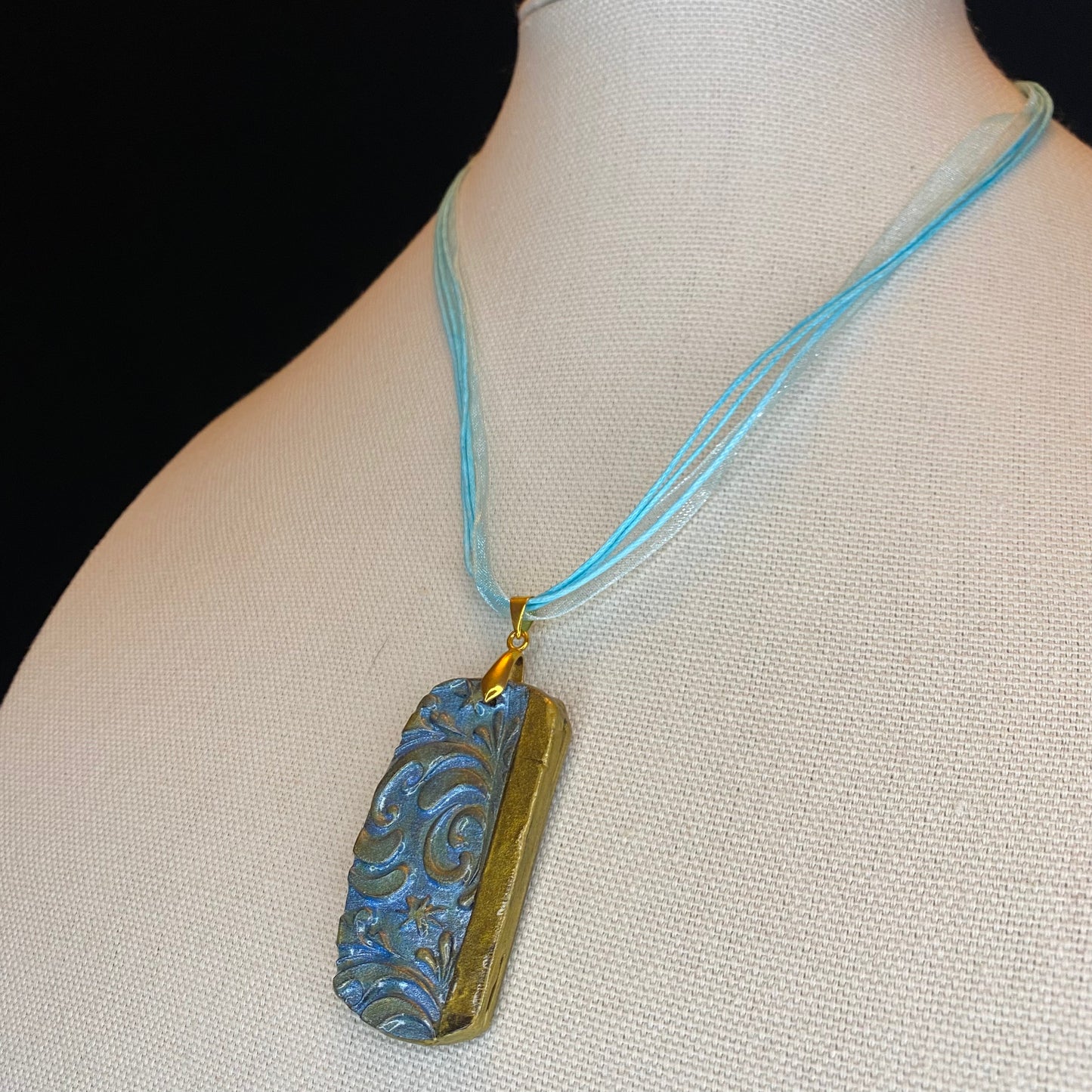 Blue and Gold Textured Oblong Pendant Necklace