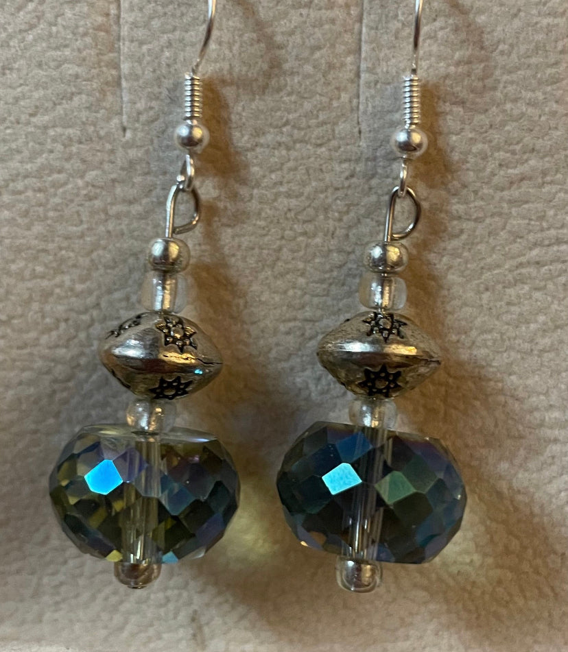 Blue AB Crystal Silver Tone Metal Bead Earrings