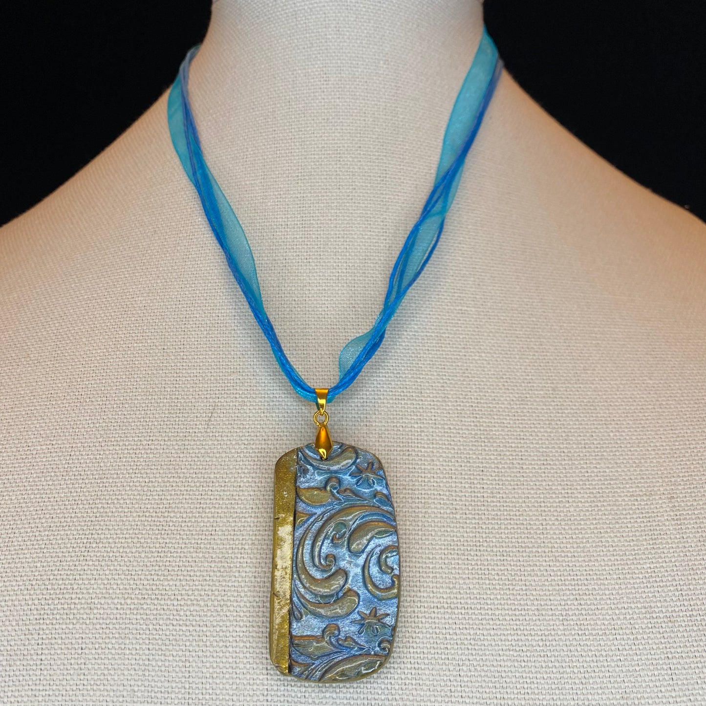Blue and Gold Textured Oblong Pendant Necklace