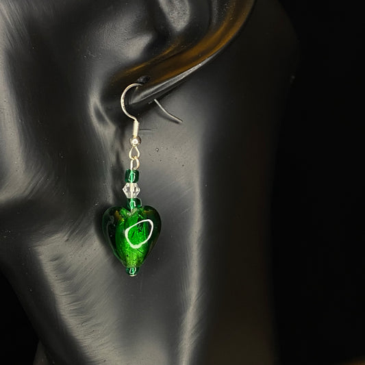 Green Glass Heart Earrings