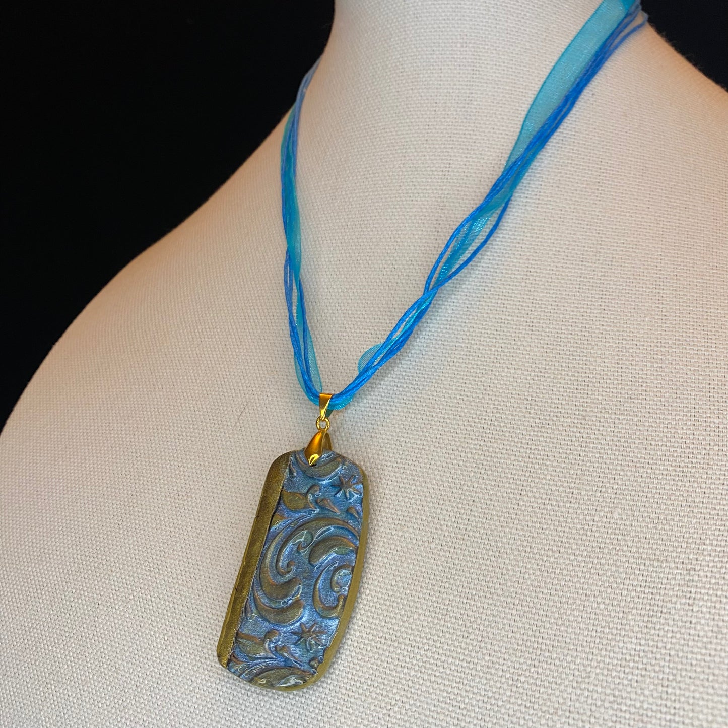 Blue and Gold Textured Oblong Pendant Necklace