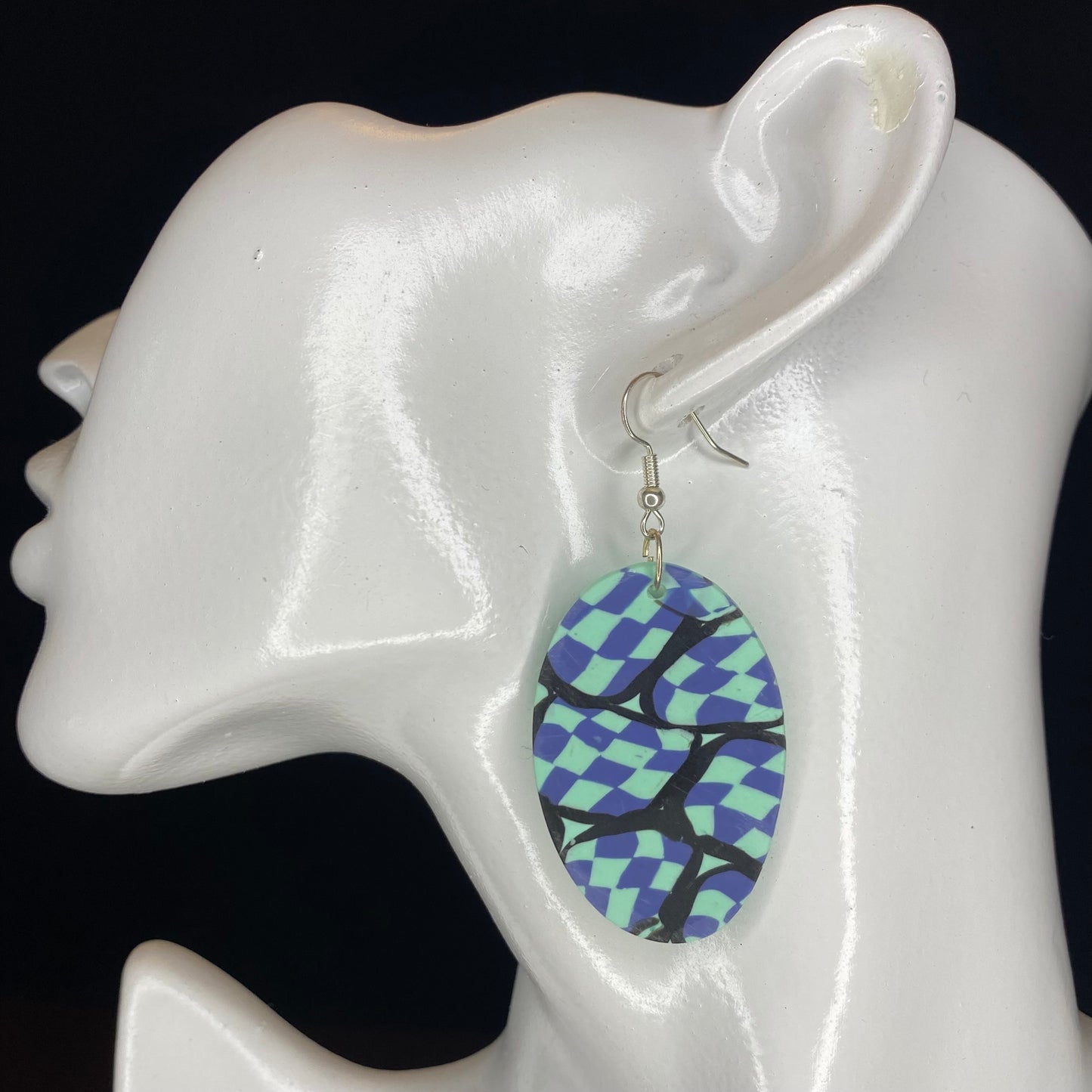 Featherweight Series - Aqua blue and black oval earrings